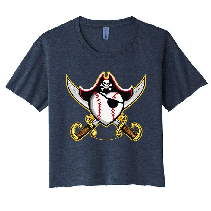 Pirate Baseball Heart Skull Pirate Women's Crop Top Tee