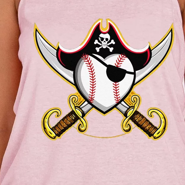 Pirate Baseball Heart Skull Pirate Women's Knotted Racerback Tank