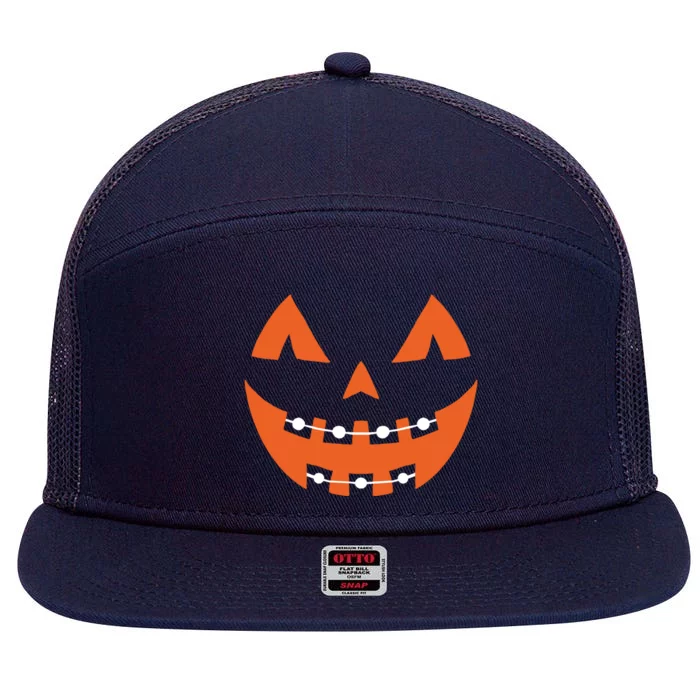 Pumpkin Braces Halloween Jack O Lantern Pumpkin Face Gift 7 Panel Mesh Trucker Snapback Hat