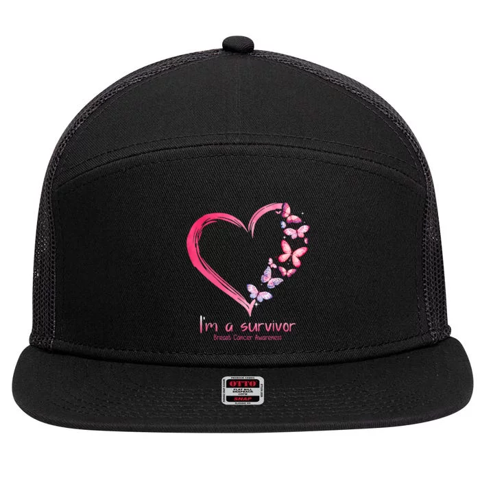 Pink Butterfly Heart Im A Survivor Breast Cancer Awareness 7 Panel Mesh Trucker Snapback Hat