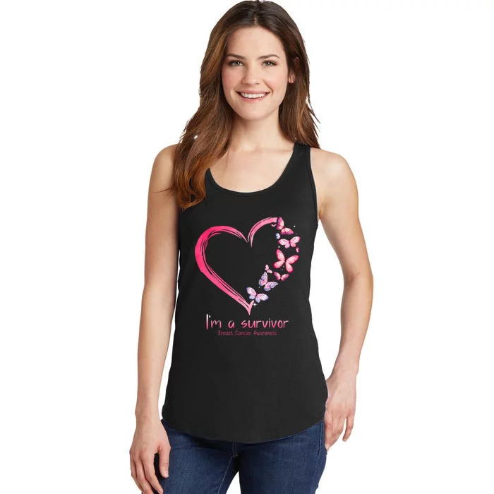 Pink Butterfly Heart Im A Survivor Breast Cancer Awareness Ladies Essential Tank