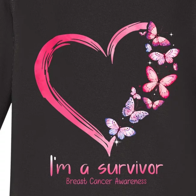 Pink Butterfly Heart Im A Survivor Breast Cancer Awareness Baby Long Sleeve Bodysuit