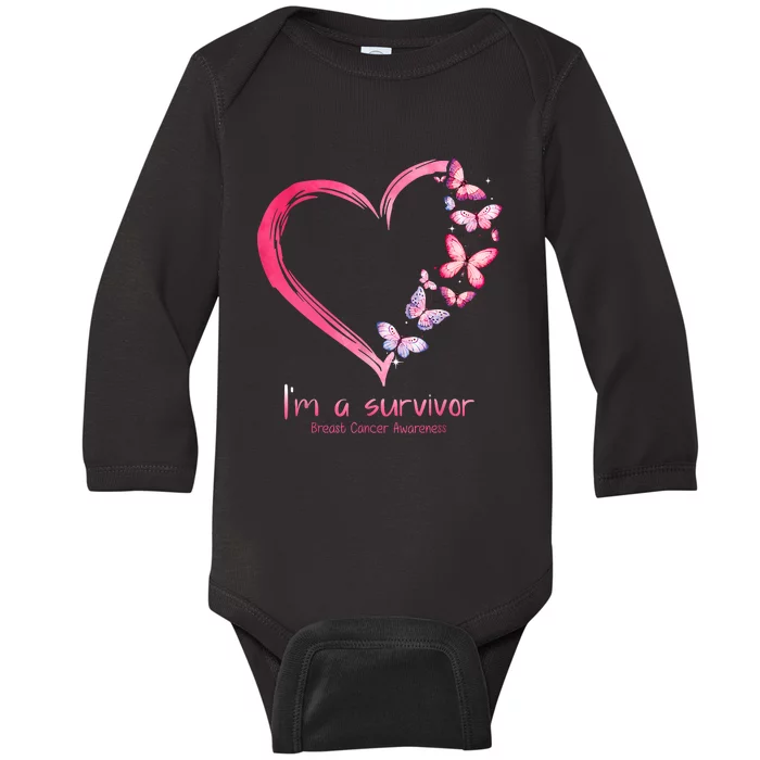 Pink Butterfly Heart Im A Survivor Breast Cancer Awareness Baby Long Sleeve Bodysuit