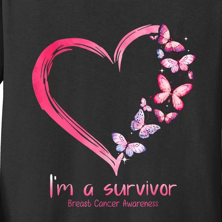 Pink Butterfly Heart Im A Survivor Breast Cancer Awareness Kids Long Sleeve Shirt