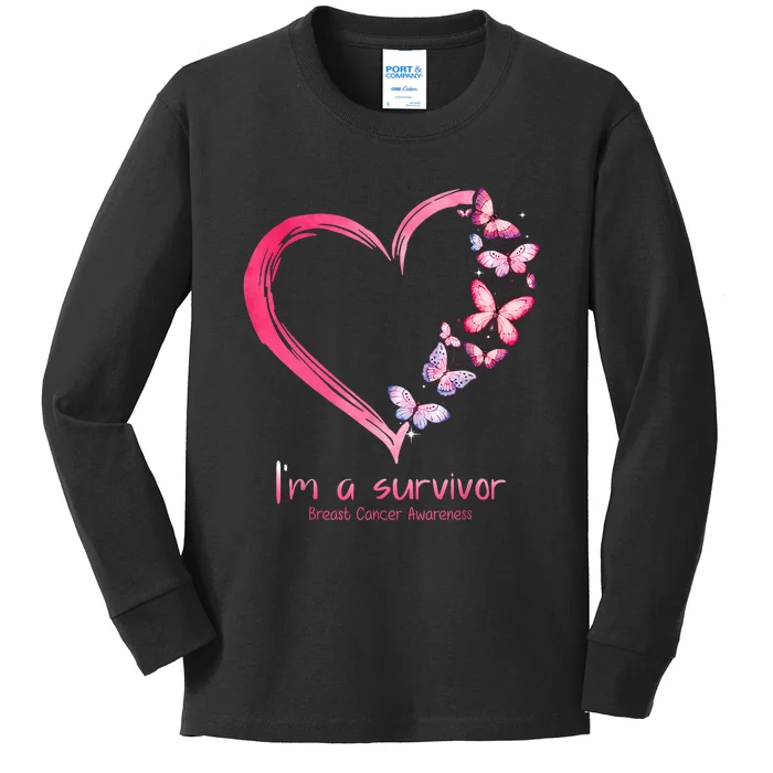 Pink Butterfly Heart Im A Survivor Breast Cancer Awareness Kids Long Sleeve Shirt