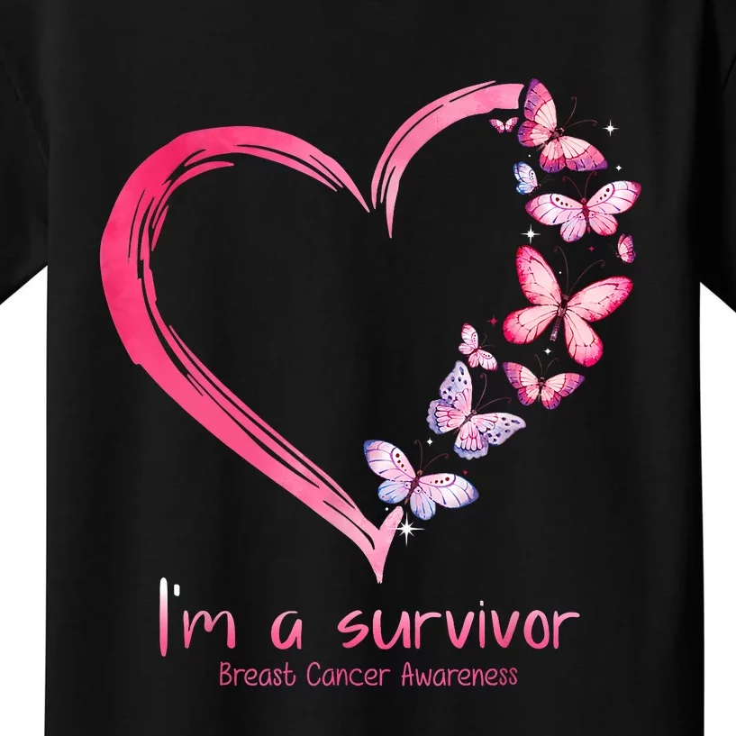 Pink Butterfly Heart Im A Survivor Breast Cancer Awareness Kids T-Shirt