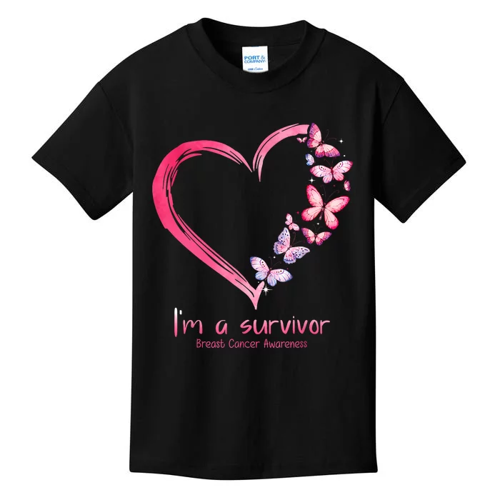 Pink Butterfly Heart Im A Survivor Breast Cancer Awareness Kids T-Shirt