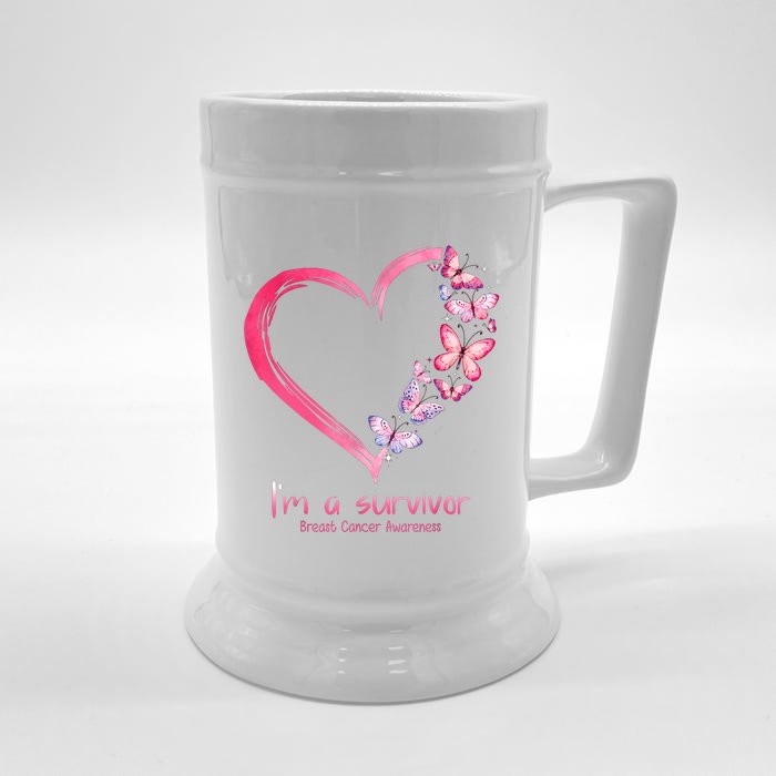 Pink Butterfly Heart Im A Survivor Breast Cancer Awareness Front & Back Beer Stein