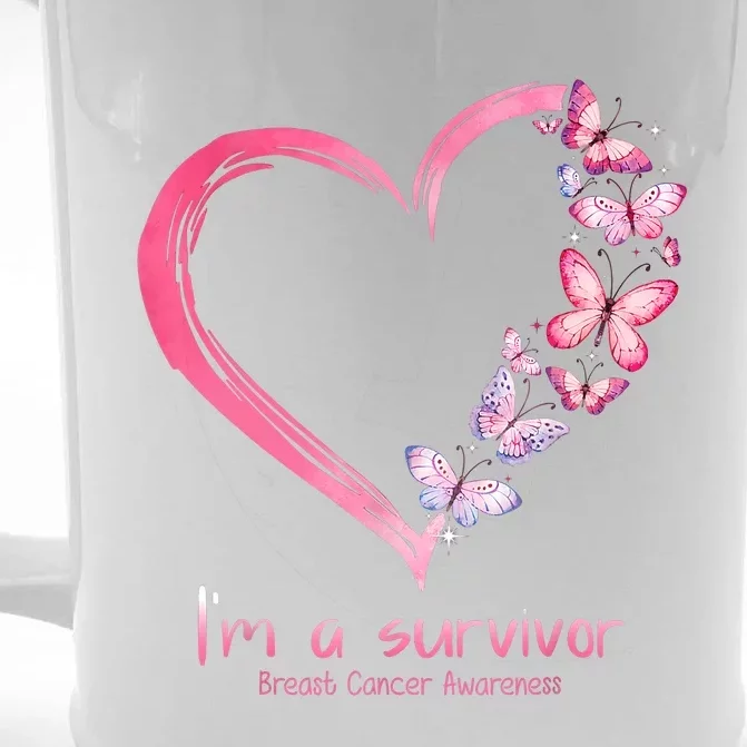 Pink Butterfly Heart Im A Survivor Breast Cancer Awareness Front & Back Beer Stein