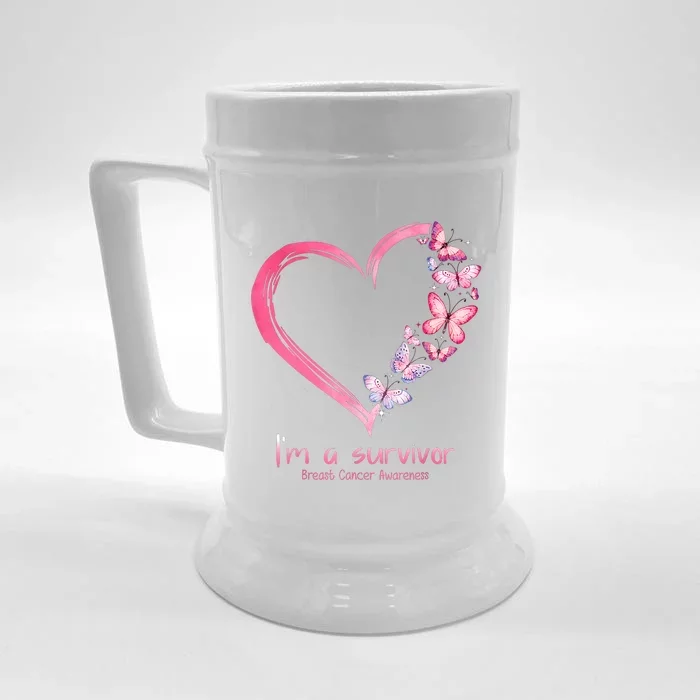 Pink Butterfly Heart Im A Survivor Breast Cancer Awareness Front & Back Beer Stein