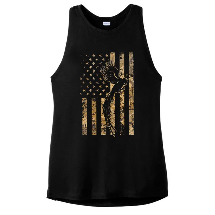 Pheasant Bird Hunter American Flag Camouflage Pheasant Hunt Ladies Tri-Blend Wicking Tank