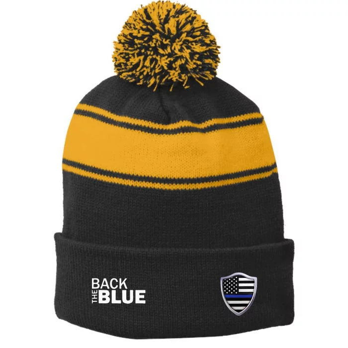 Police Blue Line US Flag Police Shield Blue Lives Matter Stripe Pom Pom Beanie