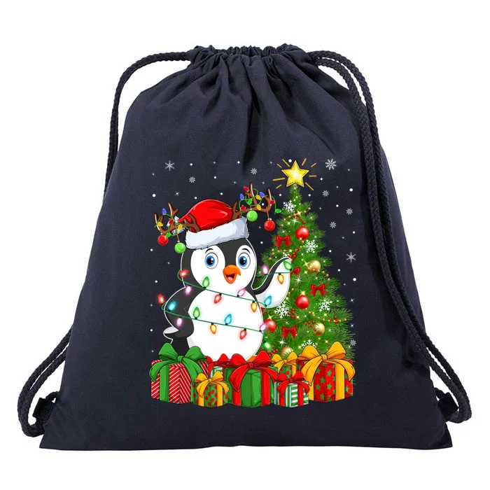 Penguin Bird Lover Xmas Holiday Santa Penguin Christmas Tree Gift Drawstring Bag