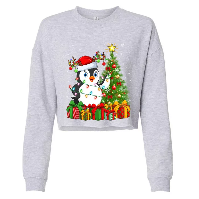 Penguin Bird Lover Xmas Holiday Santa Penguin Christmas Tree Gift Cropped Pullover Crew