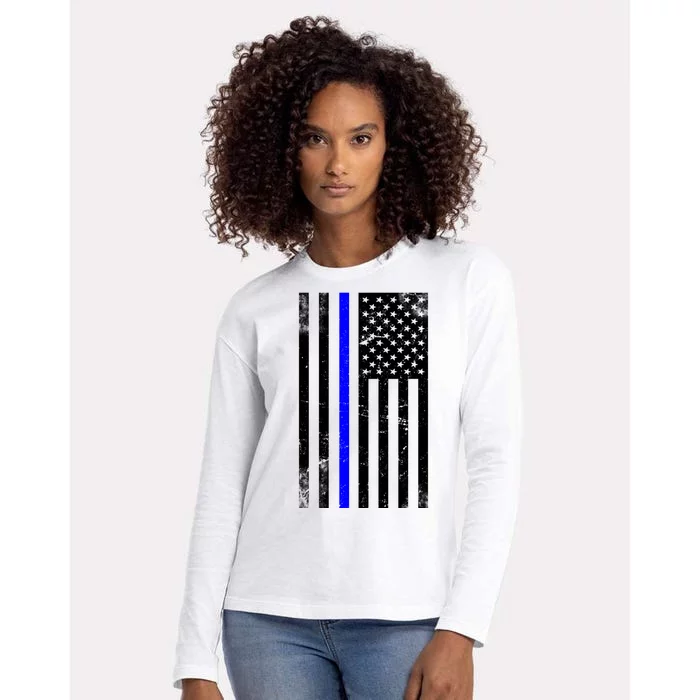 Police Blue Line American Flag Womens Cotton Relaxed Long Sleeve T-Shirt