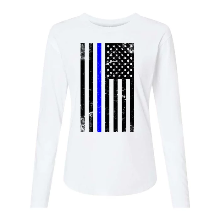 Police Blue Line American Flag Womens Cotton Relaxed Long Sleeve T-Shirt