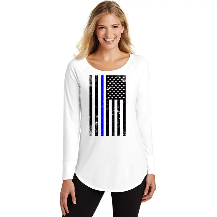 Police Blue Line American Flag Women's Perfect Tri Tunic Long Sleeve Shirt