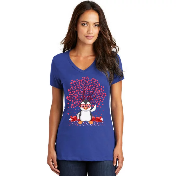 Penguin Bird Lover Heart Tree Emperor Penguin Valentines Day Gift Women's V-Neck T-Shirt