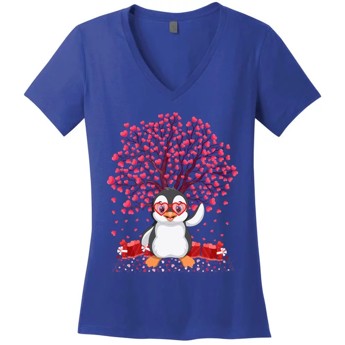 Penguin Bird Lover Heart Tree Emperor Penguin Valentines Day Gift Women's V-Neck T-Shirt