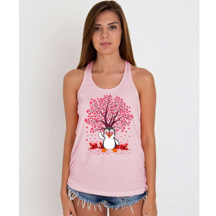 Penguin Bird Lover Heart Tree Penguin Valentine's Day Gift Women's Knotted Racerback Tank