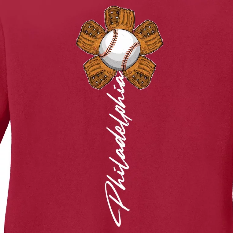 Philadelphia Baseball Mitt Flower Baseball Fan Ladies Long Sleeve Shirt