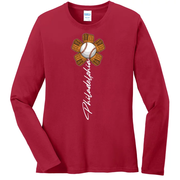 Philadelphia Baseball Mitt Flower Baseball Fan Ladies Long Sleeve Shirt