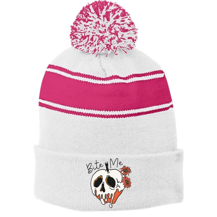 Poison Bite Me Wicked Apple Aesthetic Halloween Stripe Pom Pom Beanie