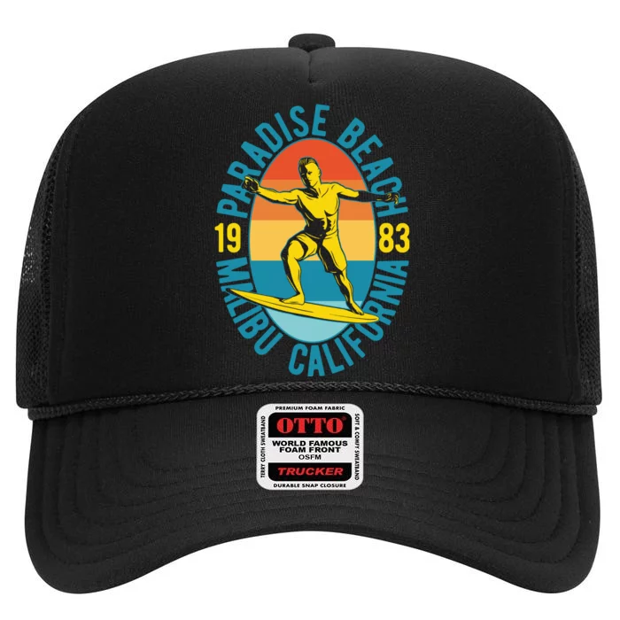 Paradise Beach Malibu California High Crown Mesh Trucker Hat