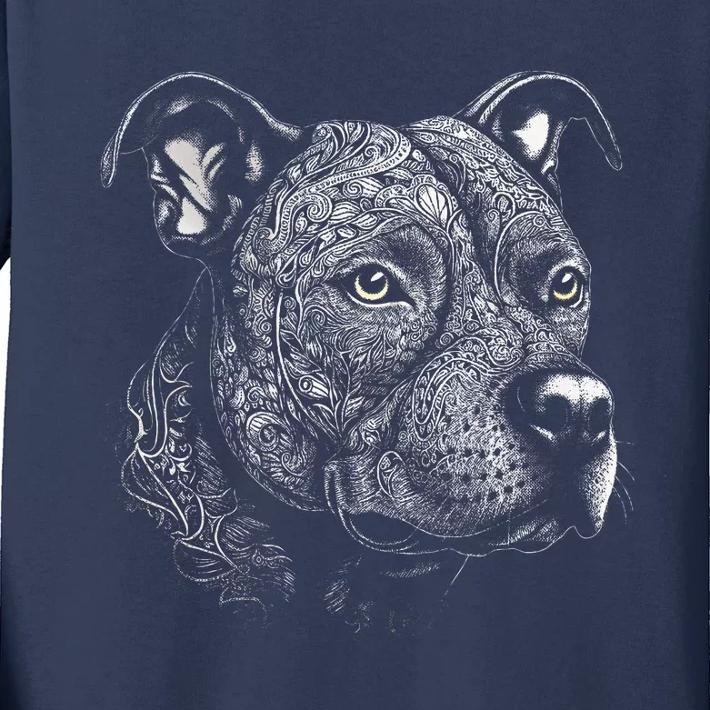 Pit Bull Mom Dog Lover Mandala Artistic Pitbull Owner Kids Long Sleeve Shirt