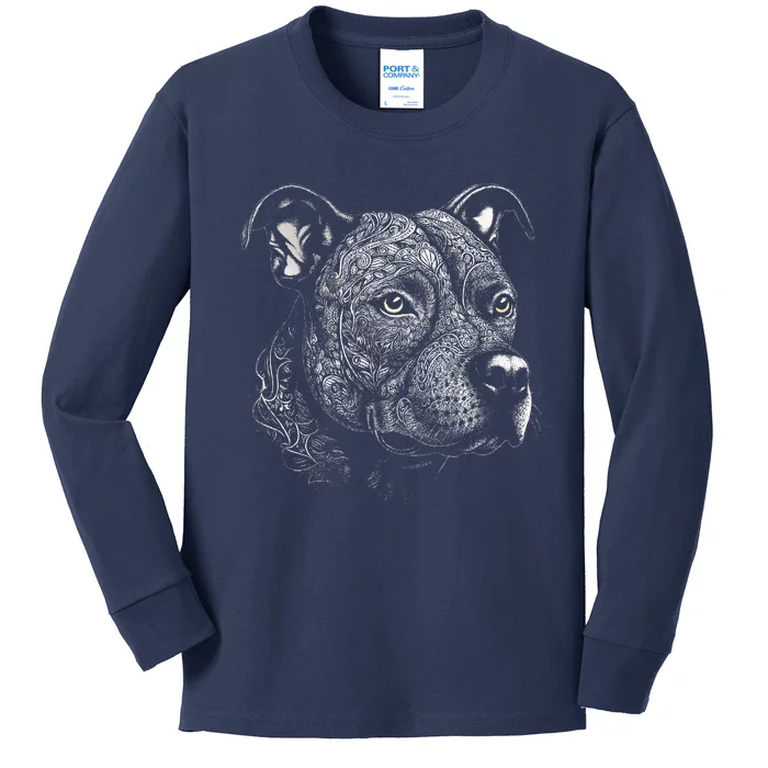 Pit Bull Mom Dog Lover Mandala Artistic Pitbull Owner Kids Long Sleeve Shirt