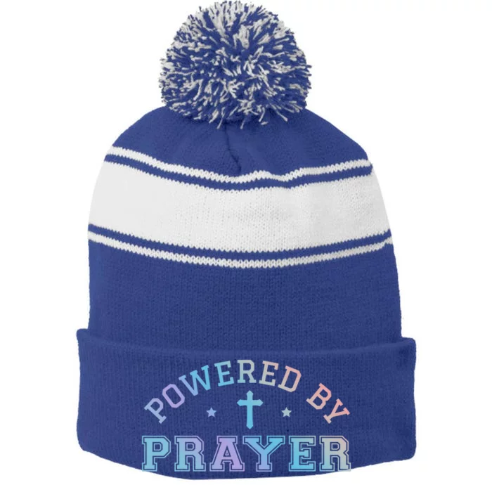 Powered By Prayer Praying Christian Cross Jesus Follower Gift Stripe Pom Pom Beanie