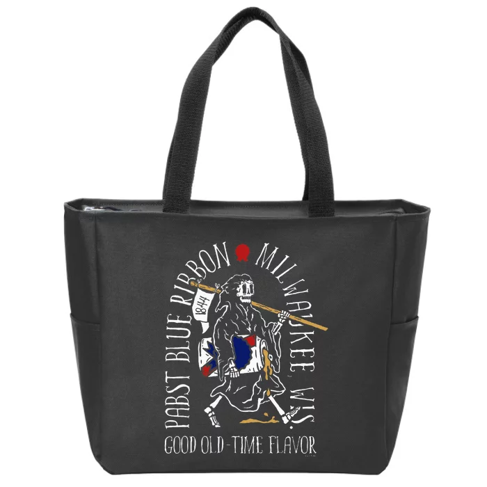 Pabst Blue Ribbon Beer Good Oldtime Flavor Skeleton Zip Tote Bag