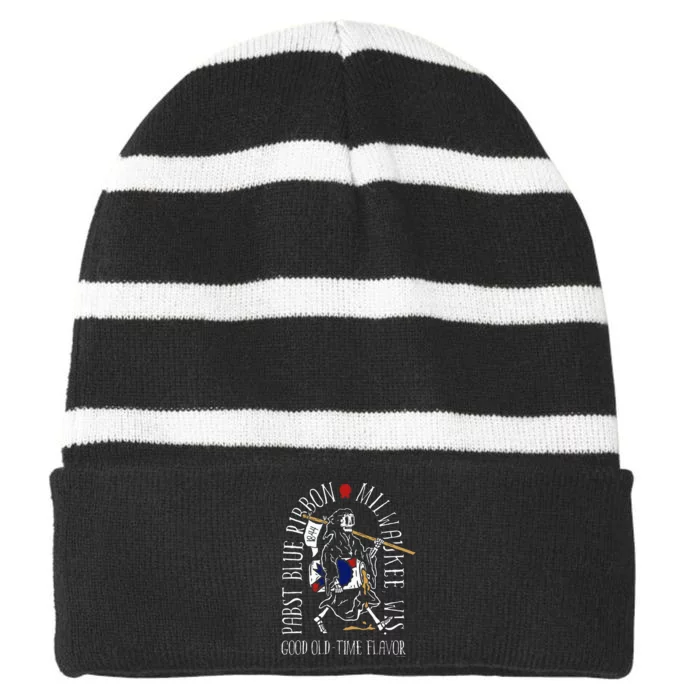 Pabst Blue Ribbon Beer Good Oldtime Flavor Skeleton Striped Beanie with Solid Band