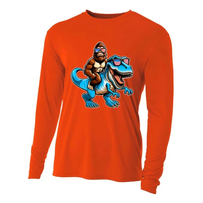 Patriotic Bigfoot Riding T Rex Cooling Performance Long Sleeve Crew