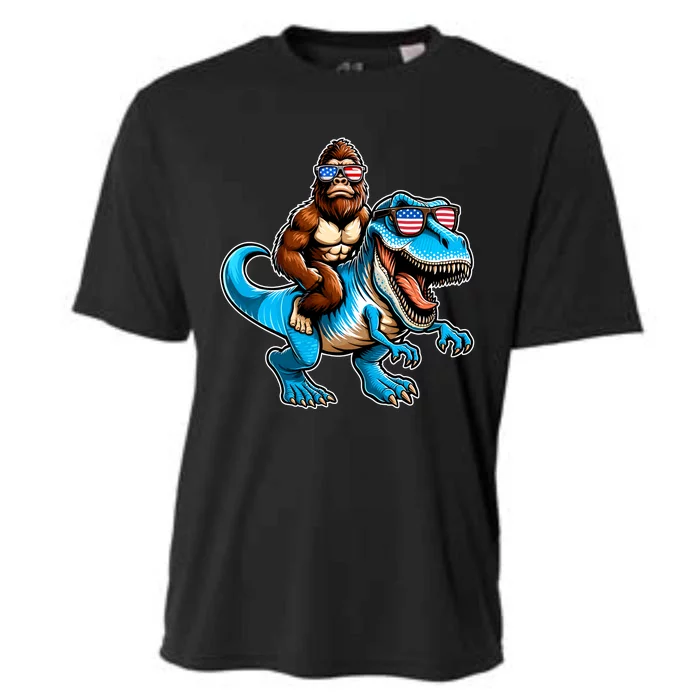 Patriotic Bigfoot Riding T Rex Cooling Performance Crew T-Shirt