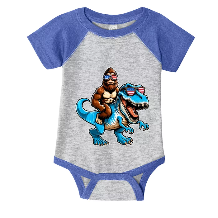 Patriotic Bigfoot Riding T Rex Infant Baby Jersey Bodysuit