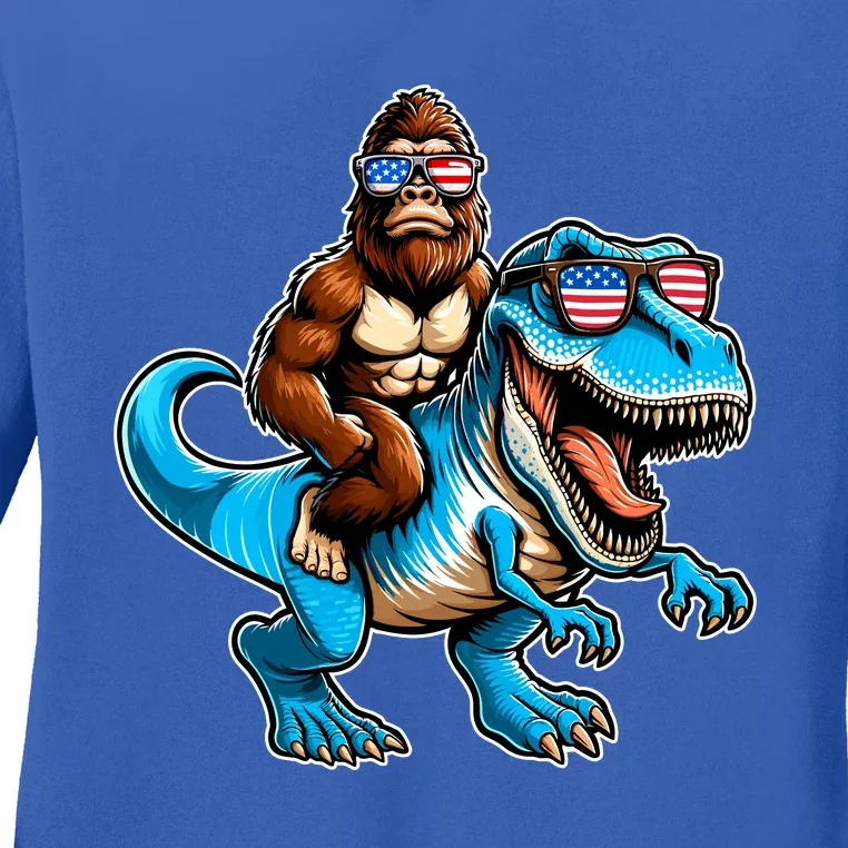 Patriotic Bigfoot Riding T Rex Ladies Long Sleeve Shirt