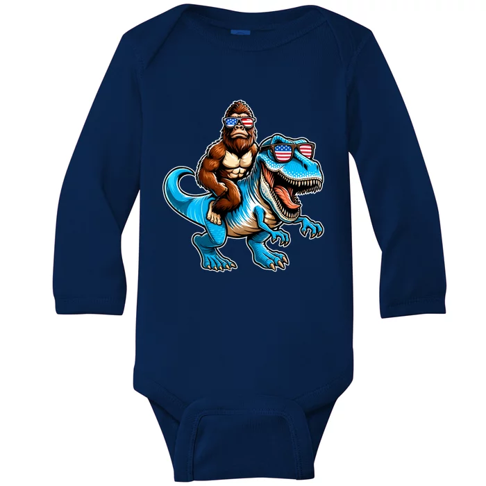 Patriotic Bigfoot Riding T Rex Baby Long Sleeve Bodysuit