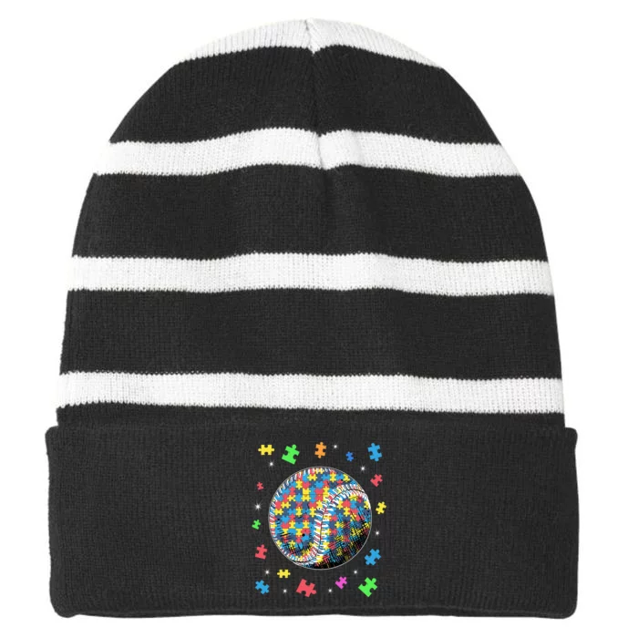 Puzzle Baseball Support Autism Awareness Striped Beanie with Solid Band