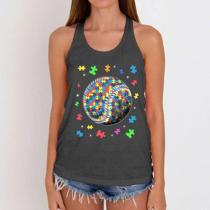 Puzzle Baseball Support Autism Awareness Women's Knotted Racerback Tank