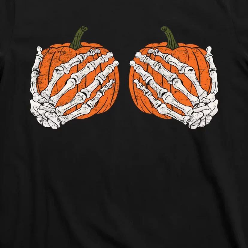 Pumpkin Boobies Skeleton Hands Adult Wo's Funny Halloween T-Shirt