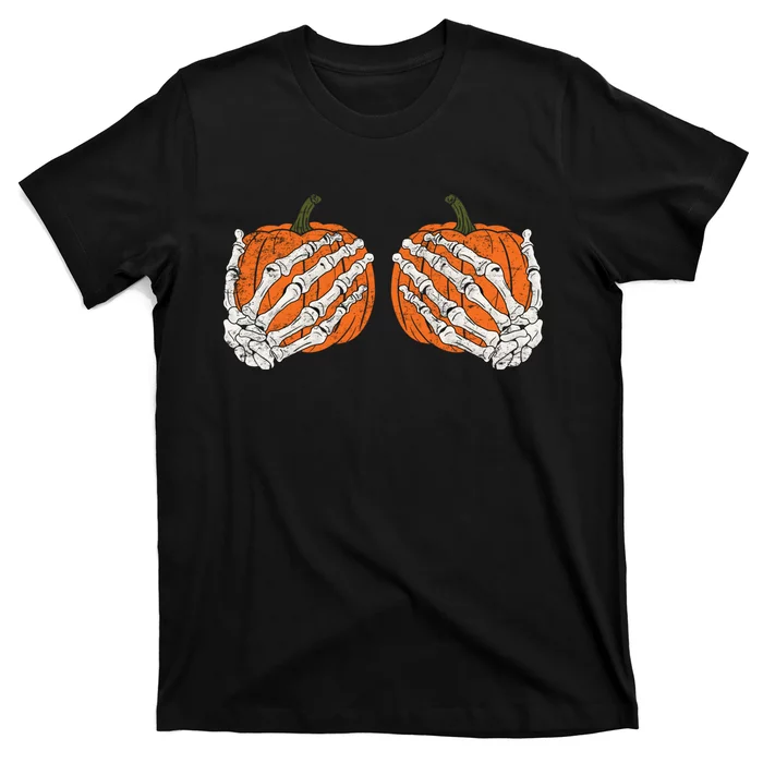 Pumpkin Boobies Skeleton Hands Adult Wo's Funny Halloween T-Shirt