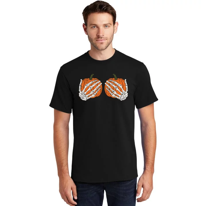 Pumpkin Boobies Skeleton Hands Adult Wo's Funny Halloween Tall T-Shirt