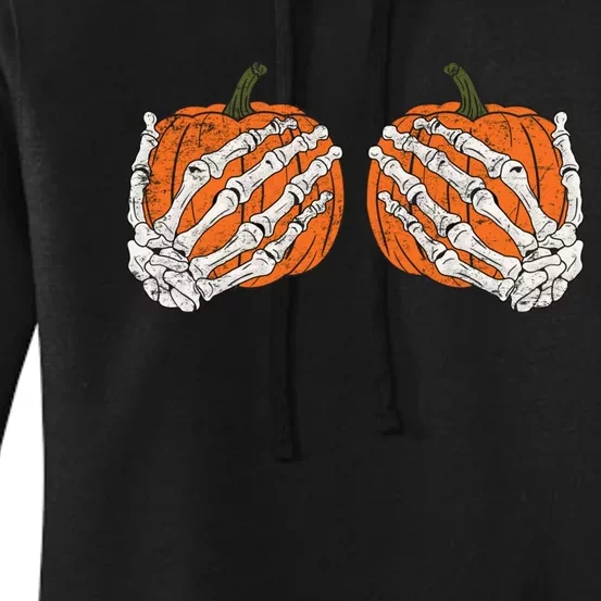 Pumpkin Boobies Skeleton Hands Adult Wo's Funny Halloween Women's Pullover Hoodie