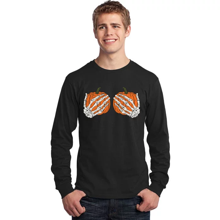 Pumpkin Boobies Skeleton Hands Adult Wo's Funny Halloween Tall Long Sleeve T-Shirt