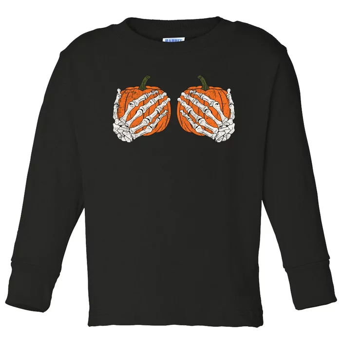 Pumpkin Boobies Skeleton Hands Adult Wo's Funny Halloween Toddler Long Sleeve Shirt