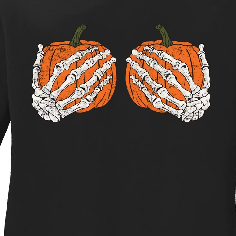 Pumpkin Boobies Skeleton Hands Adult Wo's Funny Halloween Ladies Long Sleeve Shirt