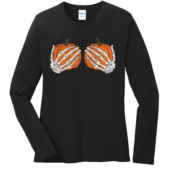 Pumpkin Boobies Skeleton Hands Adult Wo's Funny Halloween Ladies Long Sleeve Shirt