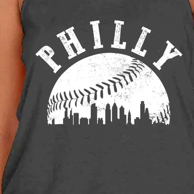 Philly Baseball Sports Skyline Illustration Cityscape Women's Knotted Racerback Tank