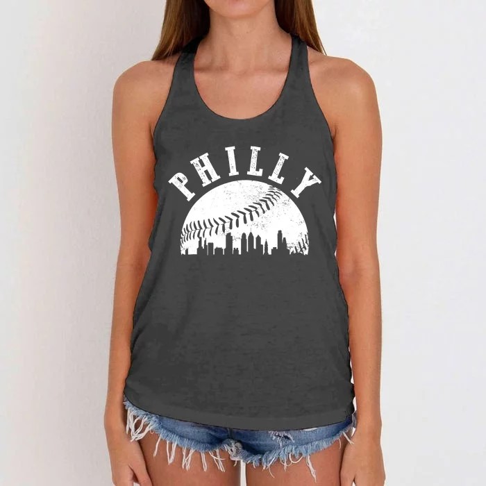 Philly Baseball Sports Skyline Illustration Cityscape Women's Knotted Racerback Tank